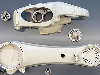 Large format aluminum sand casting aerospace and industrial structural housing with CNC precision machined flanges bores and multi-component assembly — custom complex aluminum casting manufacturing