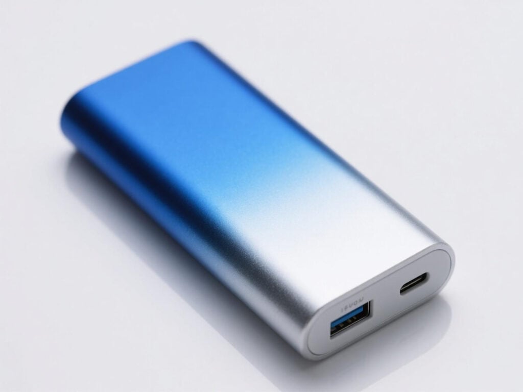 CNC machined and blue anodized aluminum power bank housing with USB-A and USB-C ports — precision metal enclosure manufacturing for consumer electronics portable charging devices