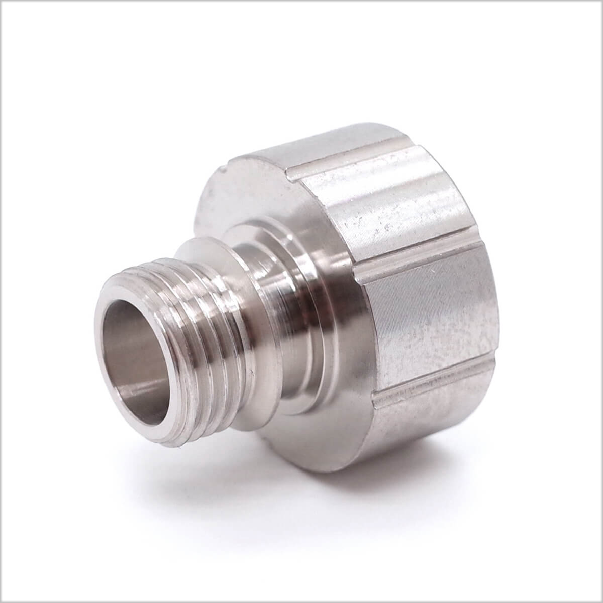Precision CNC turned and milled aluminum threaded connector for industrial fastening and fluid system applications