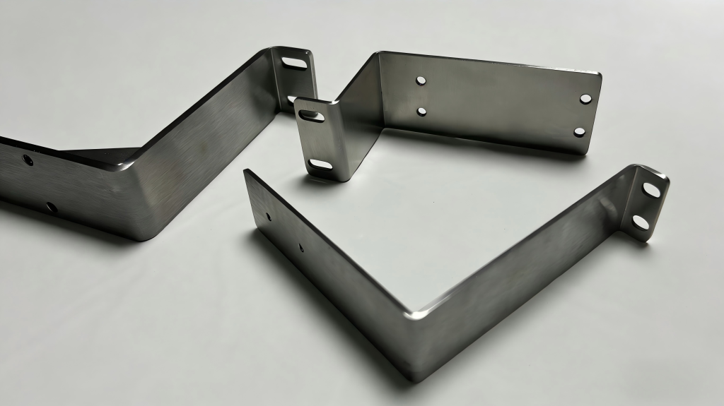 Laser cut and bent stainless steel mounting brackets with brushed finish for industrial applications