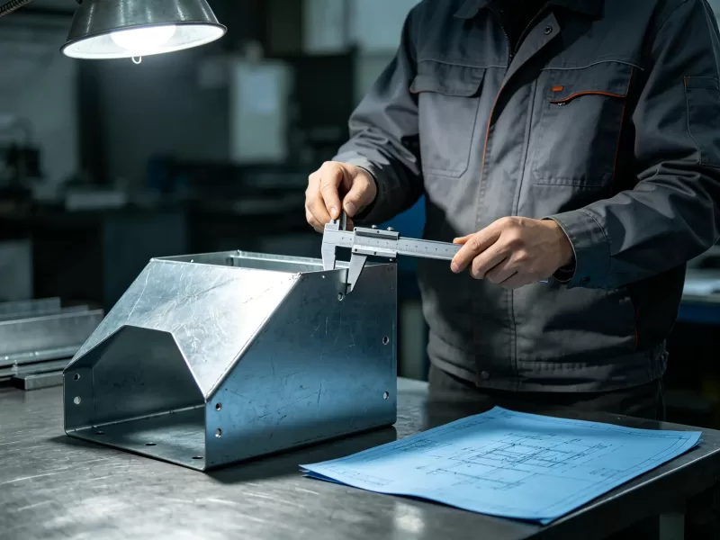 Technician measuring sheet metal part with caliper during quality inspection with engineering drawing reference