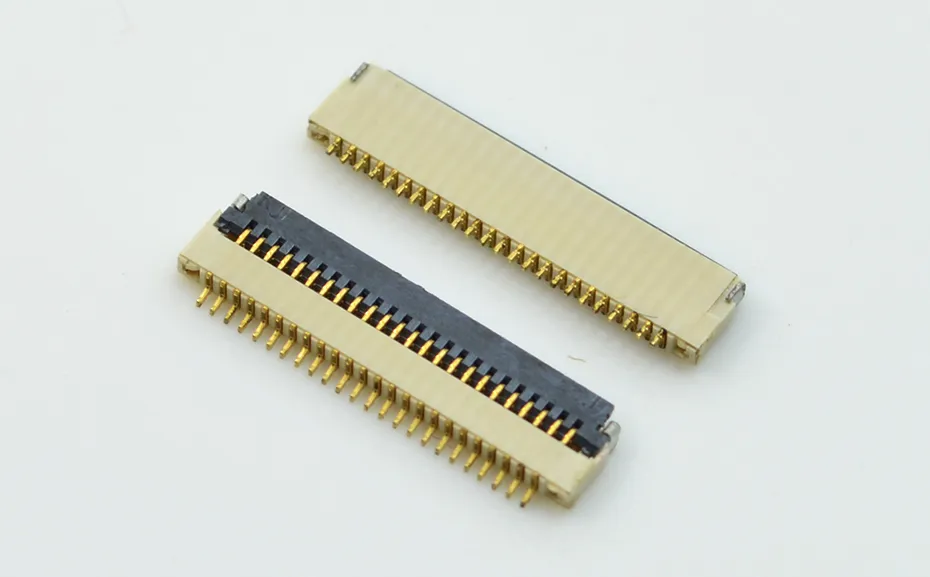 Electrical insert molding FPC FFC flat cable SMT connector with 40-pin 0.5mm pitch gold-plated terminals and precision plastic housing, custom electrical insert molding parts for laptop display PCB circuit board and consumer electronics flat cable connector manufacturing