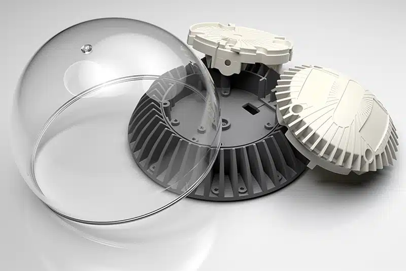 Custom injection molded transparent PC lens dome cover and die-cast aluminum heatsink housing for LED lighting consumer electronics — precision mold and CNC machining manufacturing