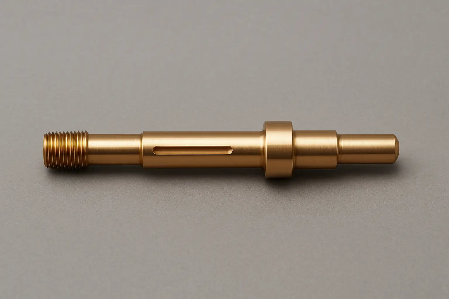 Precision CNC turned brass shaft with external threads and milled keyway for industrial mechanical assemblies