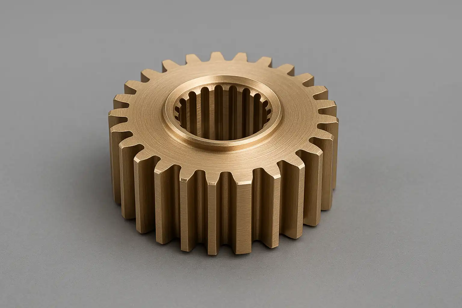 Precision CNC milled brass spur gear with involute teeth and internal spline bore for power transmission systems