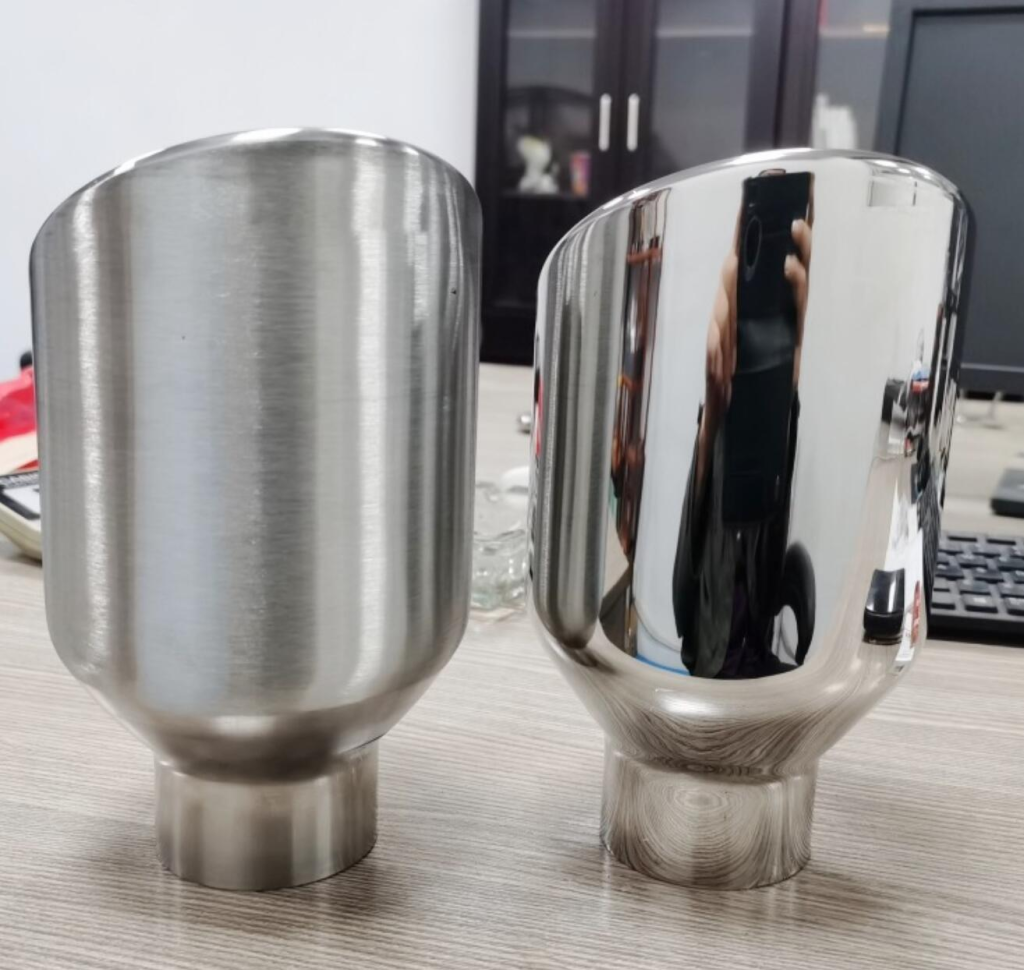 Stainless steel component before and after mirror polishing showing transformation from brushed surface to high-gloss reflective finish