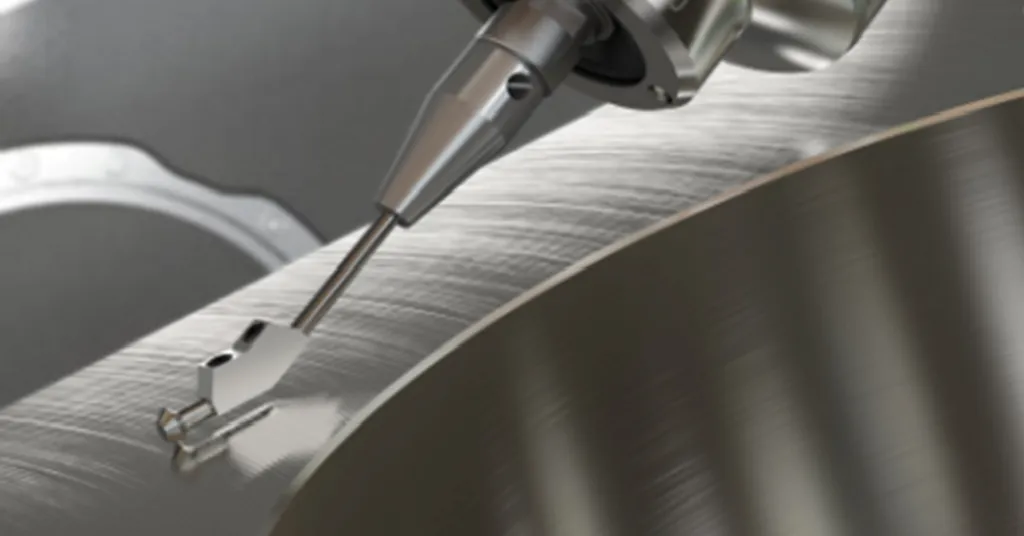 Precision surface roughness measurement on CNC turned stainless steel component using contact profilometer — in-house Ra surface finish quality control ensuring ±0.8μm to 1.6μm tolerance for custom precision machined parts