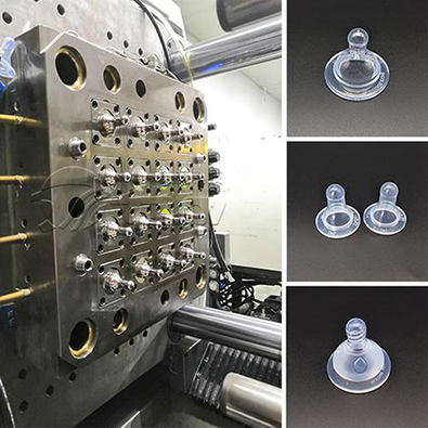 Precision liquid silicone rubber (LSR) injection mold with multi-cavity tooling and food-grade silicone baby nipples, showcasing custom LSR mold manufacturing and high-volume silicone injection molding services.