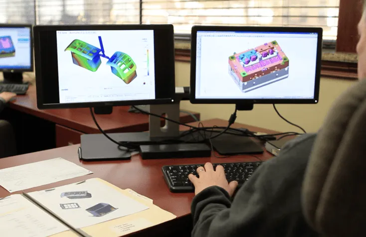 Professional injection mold design and mold engineering services using advanced CAD software and Moldflow analysis to optimize custom plastic injection molds, multi-cavity tooling, cooling systems, and high-volume injection molding production.
