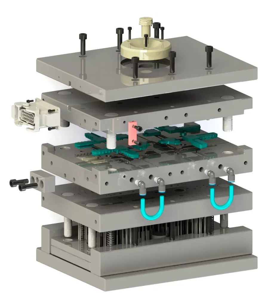 Precision plastic injection mold manufacturing exploded view showing custom multi-cavity mold design, cooling channel system, ejector pin assembly, slider mechanism, and advanced mold tooling engineering for high-volume injection molding production.