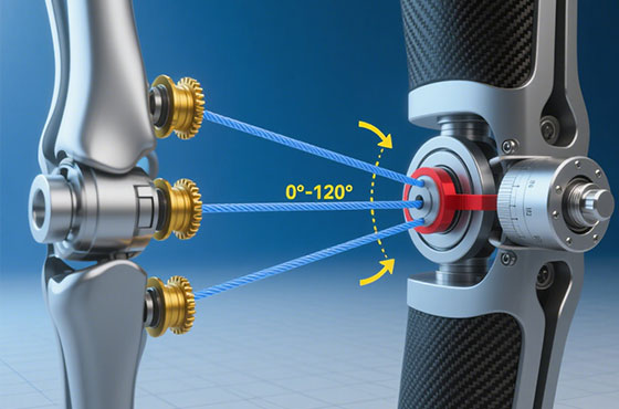 CNC precision machined orthopedic knee implant and prosthetic joint components — 3D technical diagram showing 0°–120° range of motion with gear drive mechanism for medical device manufacturing