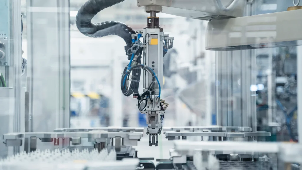 SCARA robotic automation assembly line handling precision injection molded medical plastic parts — CNC machined components and custom mold tooling for life sciences and medical device manufacturing